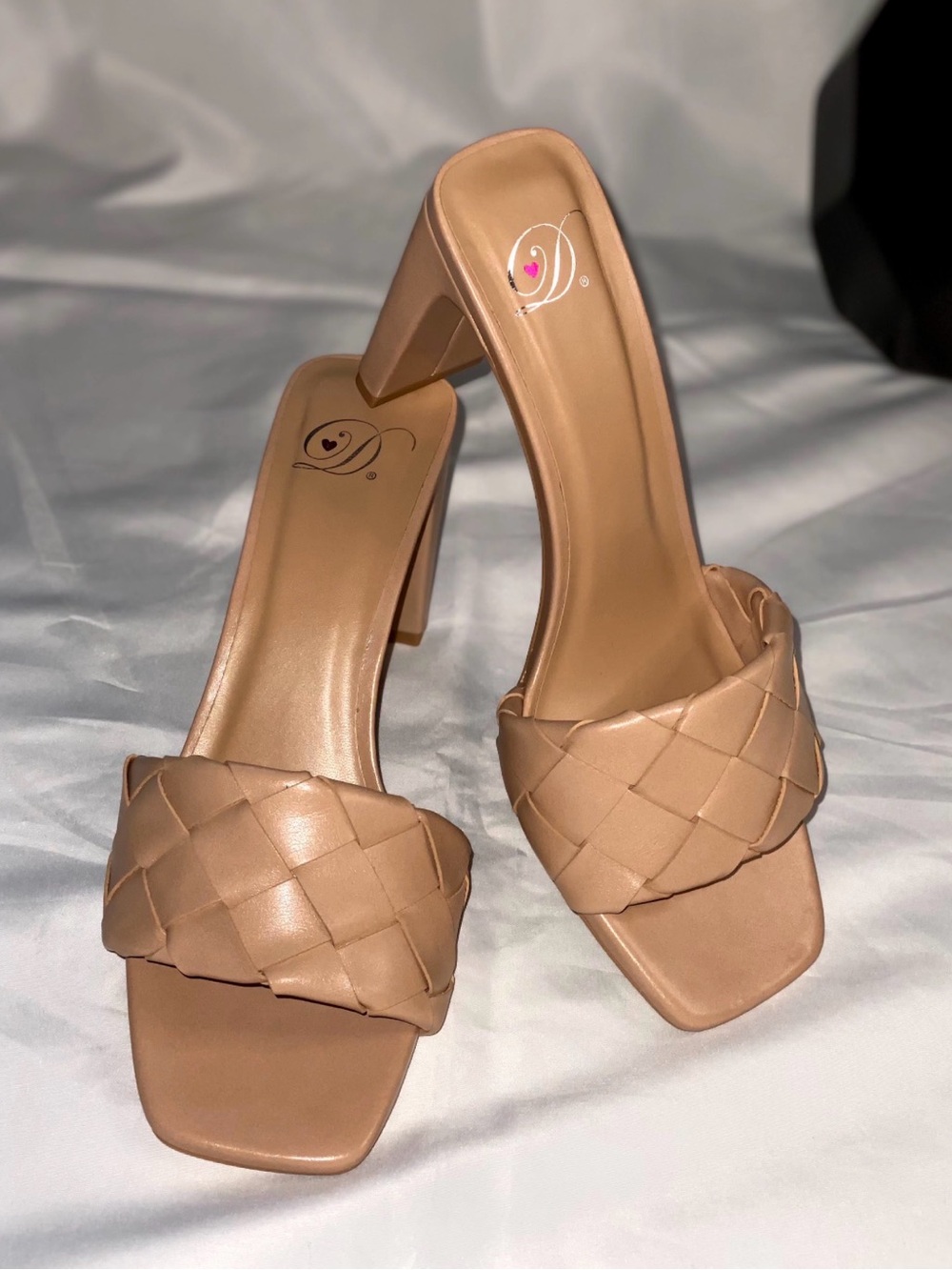 Woven Square-Toe High Heel Slide in Nude